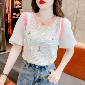 RM20703#韩版镂空蕾丝设计感小众刺绣花朵洋气减龄简约小清新雪纺泡泡袖女