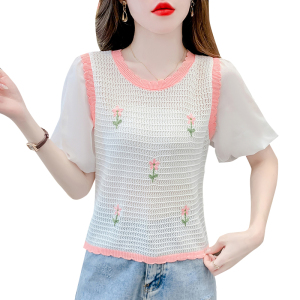 RM20703#韩版镂空蕾丝设计感小众刺绣花朵洋气减龄简约小清新雪纺泡泡袖女