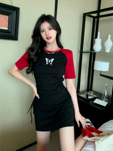 RM18240#大码女装圆领撞色短袖连衣裙女夏胖MM设计感甜辣显瘦高腰裙