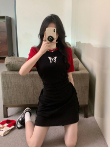 RM18240#大码女装圆领撞色短袖连衣裙女夏胖MM设计感甜辣显瘦高腰裙