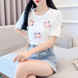 RM18430#夏季新款设计感立体花朵短袖圆领T恤冰丝针织女