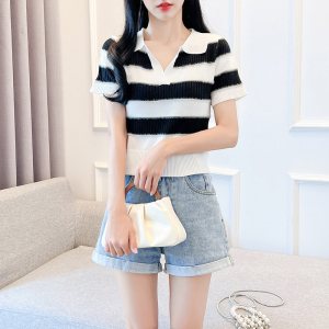 RM18409#夏季新款韩版修身款条纹polo领T恤冰丝针织上衣女