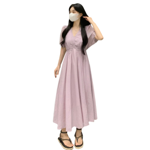 RM17670#大码女装法式V领泡泡袖天丝连衣裙女夏季收腰显瘦中长款裙子