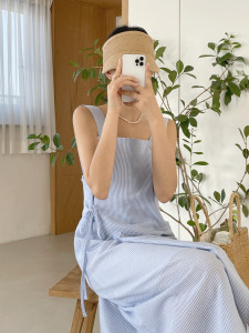 TR37623# 韩国chic减龄小清新设计感小众条纹背带连衣裙 服装批发女装批发服饰货源