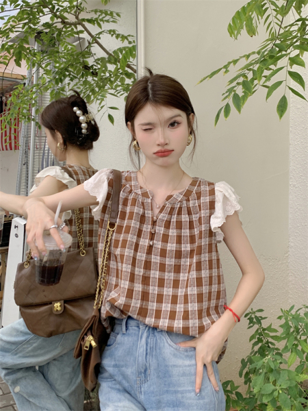 RM20661#夏季新款韩版格子衬衫女蕾丝拼接小飞袖宽松上衣