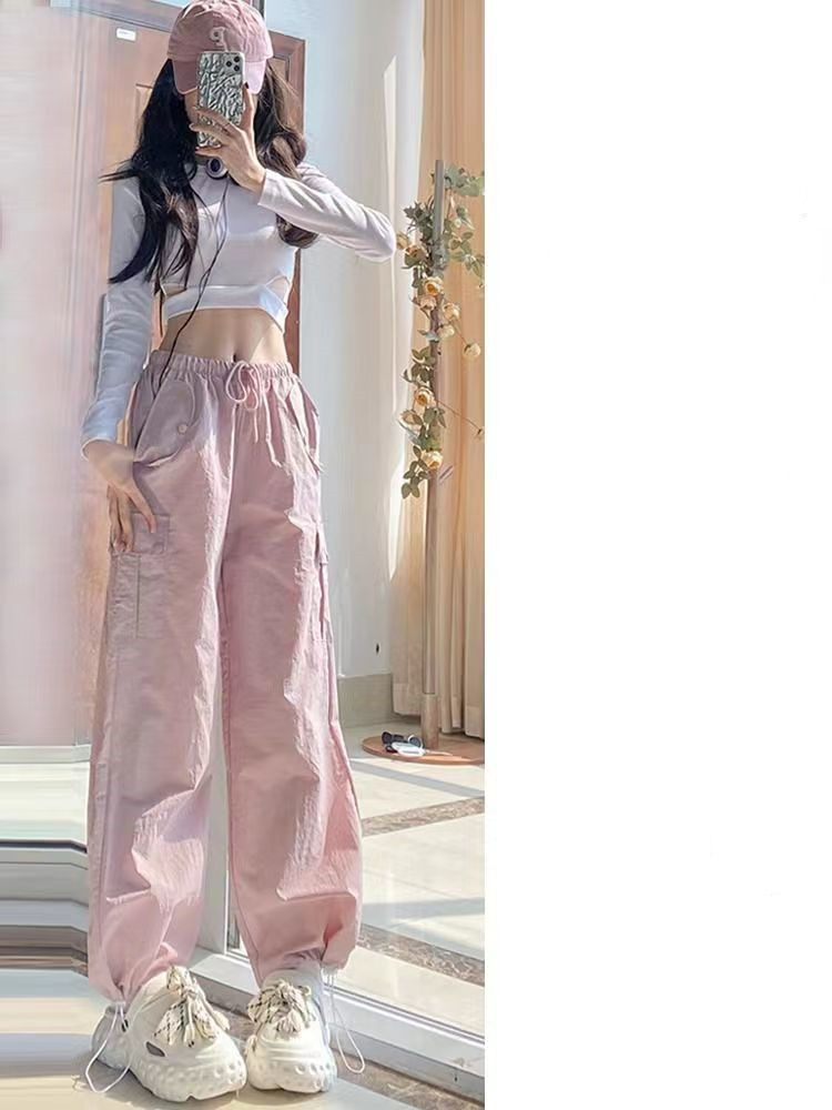 Pink overalls women's summer  new hot girl casual high waist wide-leg pants quick-drying American sports pants