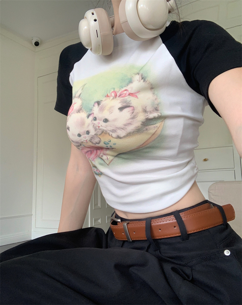 实拍! 美式圆领猫咪印花短款插肩短袖T恤+高腰工装直筒裤