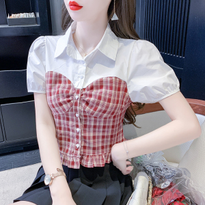 RM16360#短袖衬衣领拼接格子修身上衣甜美洋气小个子显瘦夏季女装