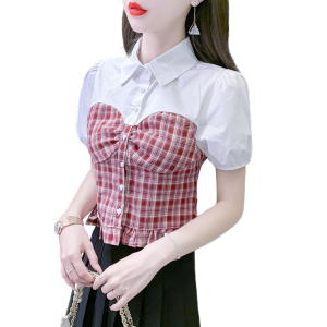 RM16360#短袖衬衣领拼接格子修身上衣甜美洋气小个子显瘦夏季女装