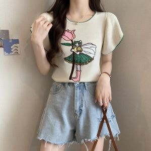 RM16671#重工刺绣短袖针织T恤女夏季新款薄款针织衫气质小飞袖上衣