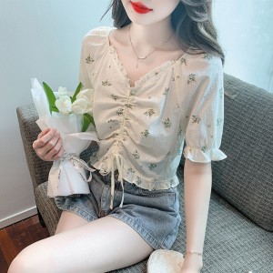 RM18501#法式印花纯棉衬衫女夏季新款荷叶边气质V领抽褶短袖