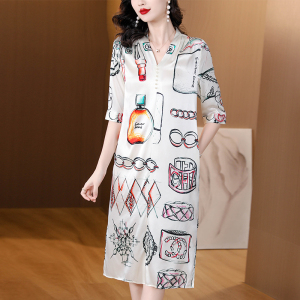 RM16611#夏季气质真丝花色V领连衣裙女短袖时尚修身桑蚕丝裙