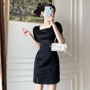 RM20984#夏季新款新中式方领复古收腰显瘦名媛气质包臀短款连衣裙