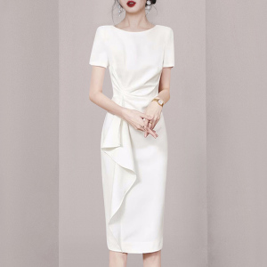 RM22330#新款连衣裙修身显瘦气质通勤职业ol白色高级感开叉气质装