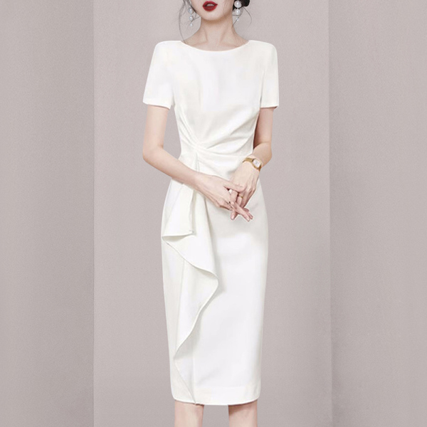 RM22330#新款连衣裙修身显瘦气质通勤职业ol白色高级感开叉气质装