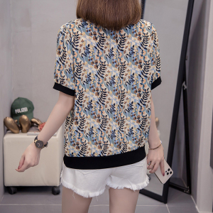 RM18479#夏季胖mm大码女装遮肚子雪纺衫洋气印花短袖V领衬衫小衫