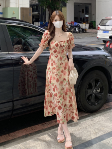RM19769#夏季法式茶歇方领碎花裙显瘦收腰泡泡袖连衣裙女