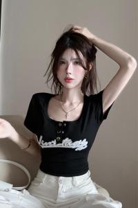RM16746#夏季新款女装美式休闲字母印花紧身短款短袖T恤女