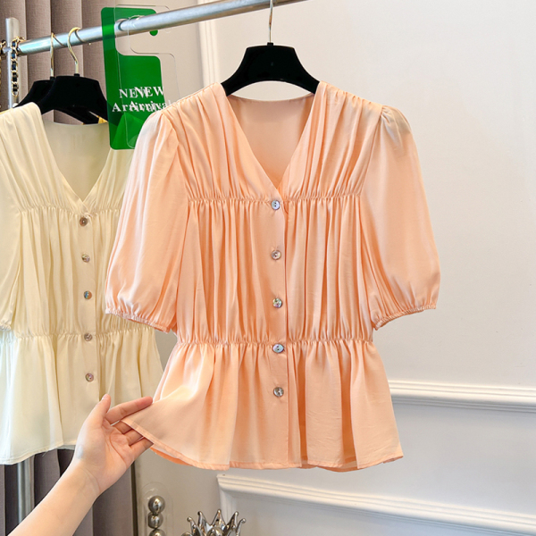 RM19732#大码女装夏漂亮洋气小衫褶皱泡泡袖V领雪纺上衣天丝短袖衬衫