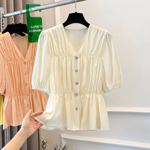RM19732#大码女装夏漂亮洋气小衫褶皱泡泡袖V领雪纺上衣天丝短袖衬衫