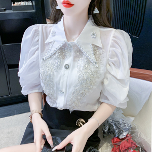 RM16364#短袖泡泡袖夏季新款重工镶钻娃娃领单排扣衬纯色百搭