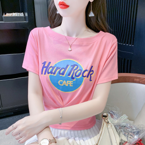RM16365#T恤百搭休闲短袖夏季印花修T恤女装上衣新款套头褶皱设计感