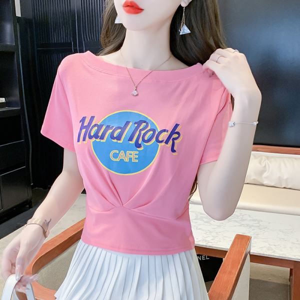 RM16365#T恤百搭休闲短袖夏季印花修T恤女装上衣新款套头褶皱设计感