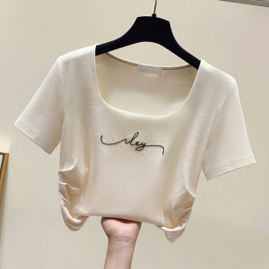 RM18079#夏季新款女装T恤方领字母短袖小众短款修身显瘦辣妹