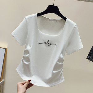 RM18079#夏季新款女装T恤方领字母短袖小众短款修身显瘦辣妹