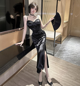 Elastic satin long high slit hip wrap dress with suspender Cocktail dress