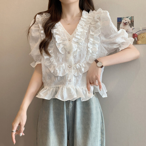 RM16507#夏装新款胖mm温柔风法式木耳花边雪纺小衫百搭上衣