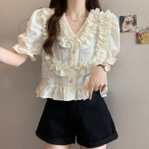 RM16507#夏装新款胖mm温柔风法式木耳花边雪纺小衫百搭上衣