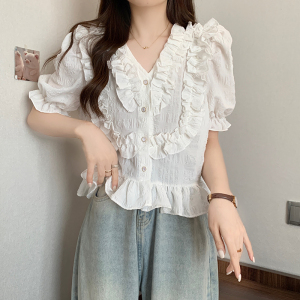 RM16507#夏装新款胖mm温柔风法式木耳花边雪纺小衫百搭上衣