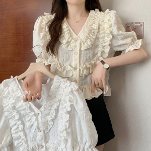RM16507#夏装新款胖mm温柔风法式木耳花边雪纺小衫百搭上衣