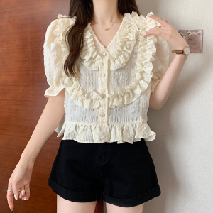 RM16507#夏装新款胖mm温柔风法式木耳花边雪纺小衫百搭上衣