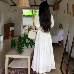 RM17736#大码女装法式气质V领连衣裙夏季温柔风收腰初恋长裙子显瘦仙