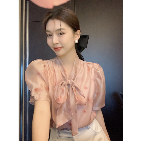 RM19327#夏季新款法式浪漫油画感印花Chic系带丝质短袖开衫