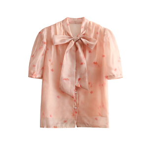 RM19327#夏季新款法式浪漫油画感印花Chic系带丝质短袖开衫