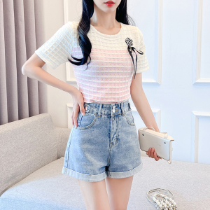 RM18415#夏季新款设计感气质小众短袖T恤撞色冰丝针织女