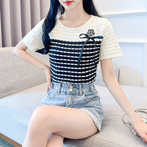 RM18415#夏季新款设计感气质小众短袖T恤撞色冰丝针织女