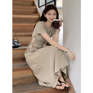 RM19326#夏季韩版简约设计感小心机露腰纯色棉质长款连衣裙
