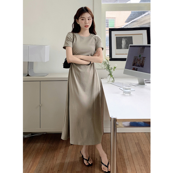 RM19326#夏季韩版简约设计感小心机露腰纯色棉质长款连衣裙