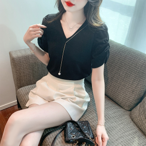 TR37394# V领项链T恤女泡泡袖洋气小衫夏季新款韩修身版短袖T恤 服装批发女装批发服饰货源