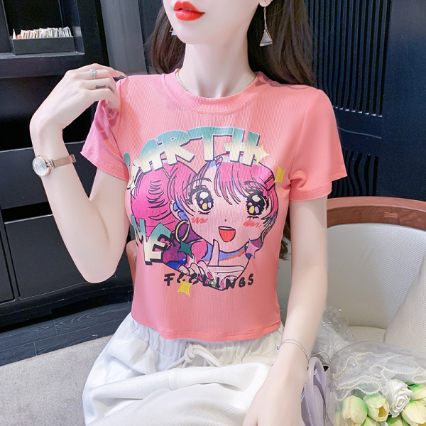 RM16362#短袖夏季夏装卡通印花靓妹装上衣T恤修身显瘦短款纯色圆领
