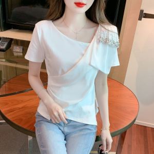 RM16479#夏韩版设计感短袖洋气气质款重工钉珠不规则上衣t恤