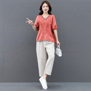 RM19869#新款韩版大码显瘦绣花两件套v领时髦棉麻套装女夏装 减龄