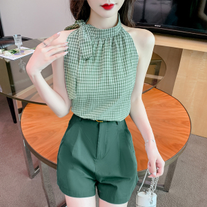 TR38427# 夏季新款绿色格子露肩上衣+短裤俩件套 服装批发女装批发服饰货源