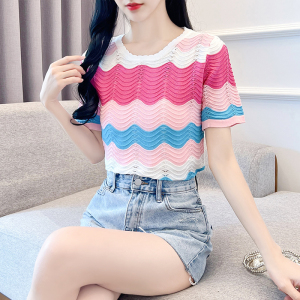 RM18432#夏季新款设计感条纹圆领短袖T恤气质冰丝针织女