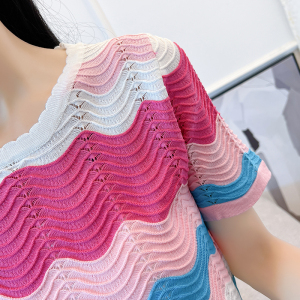 RM18432#夏季新款设计感条纹圆领短袖T恤气质冰丝针织女