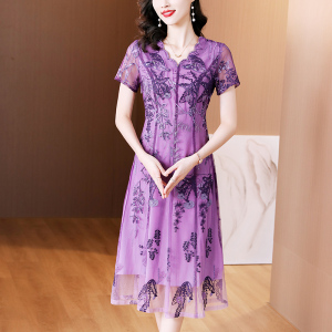 RM21306#春夏新款紫色古典连衣裙气质中老年短袖女V领蕾丝拉链